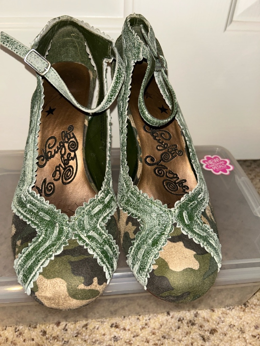 naughty monkey Camouflage Green leather Trim Ankle-Strap Heels